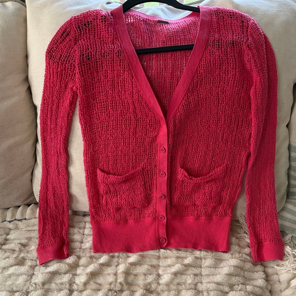 Free People Open-Knit Button Cardigan in Bright Pink